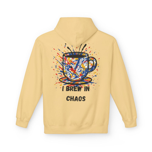 I Brew in Chaos Hoodie – Abstract coffee cup splatter art on fleece hoodie by Coo Coo’s Coffee, Yellow Haze