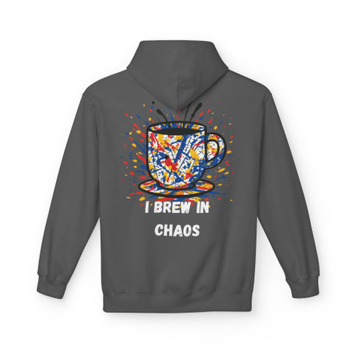 “I Brew in Chaos Coffee Hoodie in Charcoal – edgy dark hoodie with colorful abstract coffee art. Unisex fit, caffeinated chaos style by Coo Coo’s Coffee.”