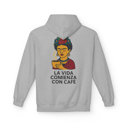 Sport Grey La Vida Con Café hoodie – vibrant Frida-inspired design with “Life Begins With Coffee” slogan by Coo Coo’s Coffee.