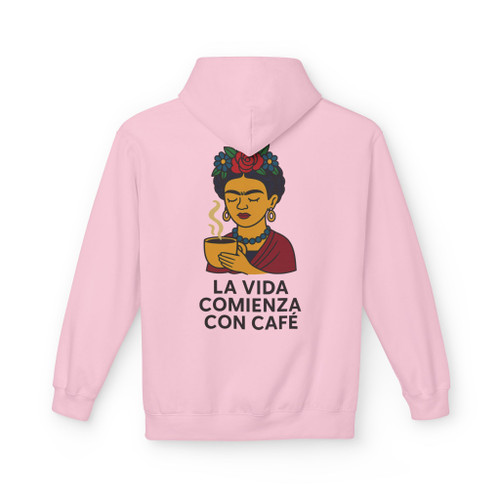 Light Pink La Vida Con Café hoodie – colorful Frida-inspired coffee art, perfect blend of cozy style and Coo Coo’s Coffee vibes.