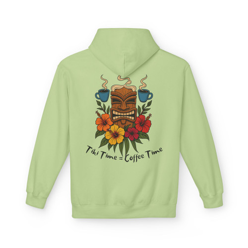 Pistachio Tiki Time Hoodie – Island calm meets coffee energy. Tiki mask, flowers, and steam art bring the tropical coffee lifestyle to your wardrobe.