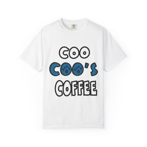 “White Coo Coo’s Coffee Logo Tee – bold black and blue logo graphic, unisex fit streetwear shirt by Coo Coo’s Coffee.”