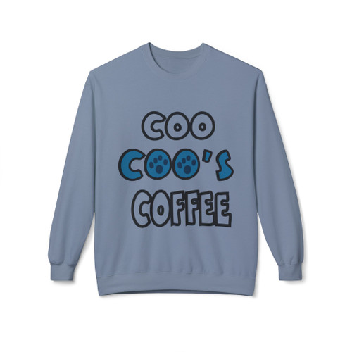 Stone Blue crewneck sweatshirt featuring the bold “Coo Coo’s Coffee” logo in black and blue paw-print lettering across the chest.