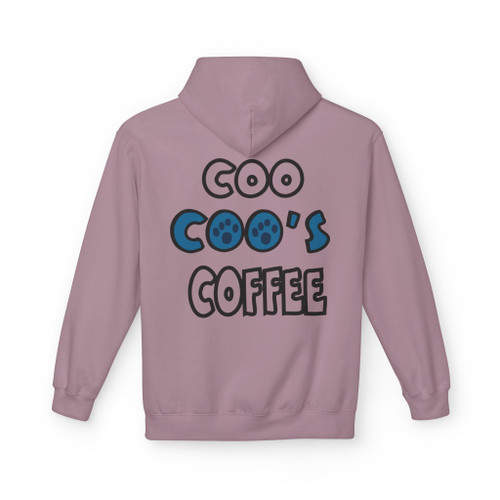 Coo Coo’s Coffee Hoodie in Paragon blue with bold logo back print, stylish unisex hoodie for coffee culture fans.