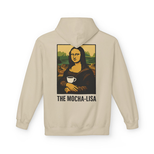 The Mocha-Lisa Coffee Art Hoodie by Coo Coo’s Coffee in pistachio green. Fun and creative coffee hoodie with Mona Lisa parody design.