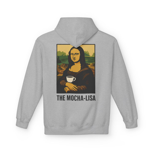 The Mocha-Lisa Coffee Art Hoodie by Coo Coo’s Coffee in sport grey. Unisex hoodie with Mona Lisa sipping coffee, blending art and brew culture.