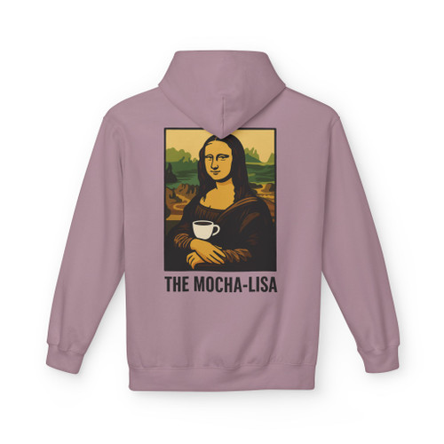 The Mocha-Lisa Coffee Art Hoodie by Coo Coo’s Coffee in paragon blue. Unique art-meets-coffee hoodie perfect for baristas and brew fans.