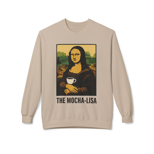 The Mocha-Lisa Coffee Art Sweatshirt in soft sand beige, blending artistic humor with cozy coffee vibes, by Coo Coo’s Coffee.
