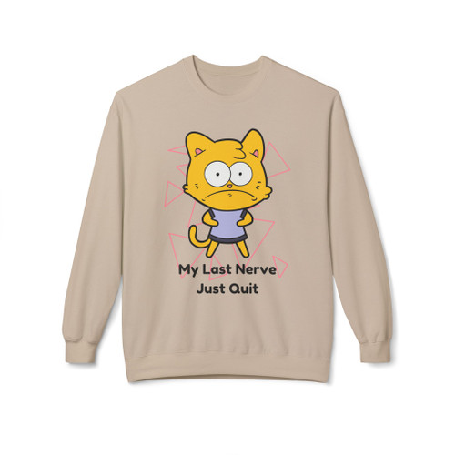 Sand-colored Stressed Kitty sweatshirt featuring a frazzled cat and the phrase “My Last Nerve Just Quit” – funny caffeine-inspired sweatshirt.