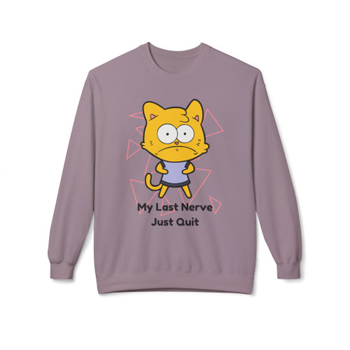 Paragon blue sweatshirt featuring Stressed Kitty cartoon and witty phrase “My Last Nerve Just Quit” – bold coffee and cat lover’s sweatshirt.