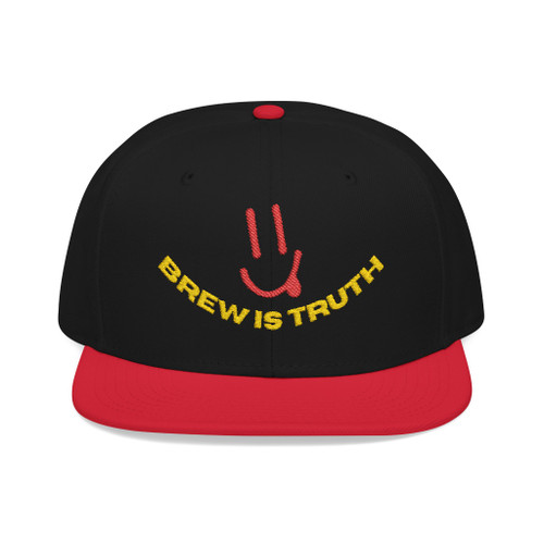 "Red and Black Brew Is Truth Snapback by Coo Coo’s Coffee – edgy coffee culture hat with embroidered smiley design."