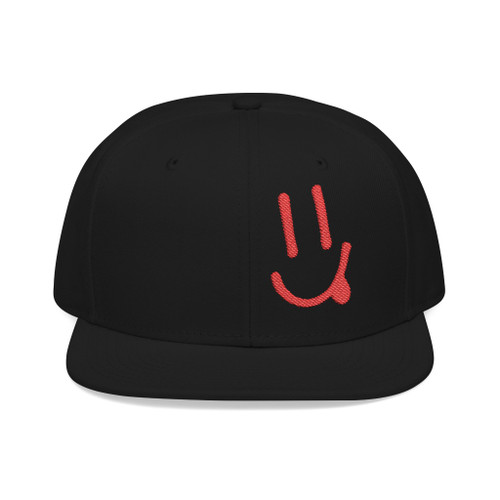 Black snapback hat with a bold red smiley face embroidered on the front and #SmallBatchOfFriends stitched on the back. Coffee-themed lifestyle hat by Coo Coo’s Coffee. black
