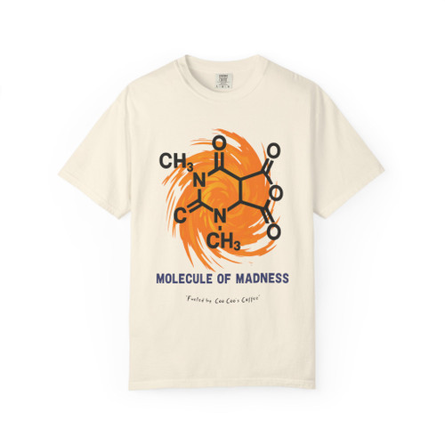ivory tee shirt with caffeine molecule design labeled “Molecule of Madness – Fueled by Coo Coo’s Coffee”