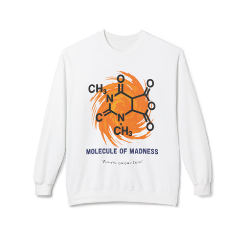 white crewneck sweatshirt with caffeine molecule and orange swirl graphic – Molecule of Madness by Coo Coo’s Coffee