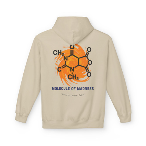 sand hoodie with caffeine molecule and “Molecule of Madness” swirl graphic on the back, chemistry gift for coffee lovers