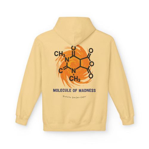 "Yellow Haze Molecule of Madness Caffeine Hoodie – geek-chic coffee chemistry style with Coo Coo’s Coffee energy."