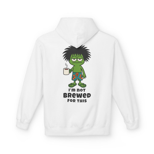 "I’m Not Brewed for This Hoodie in White – Frazzled Gecko Coffee Hoodie by Coo Coo’s Coffee, cozy unisex fit for tired mornings"