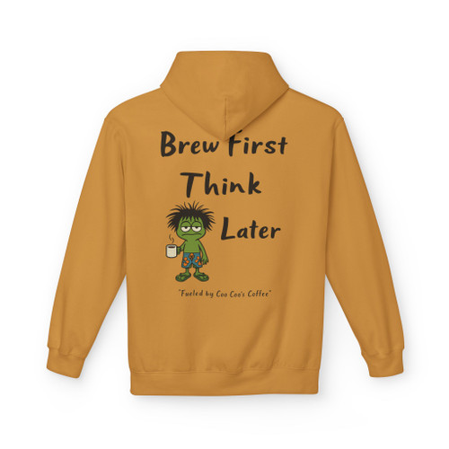 "Think Later – Brew First Hoodie by Coo Coo’s Coffee in mustard yellow. Coffee-inspired graphic hoodie with frazzled Bert character, comfy fleece, and Small Batch of Friends brand vibe."