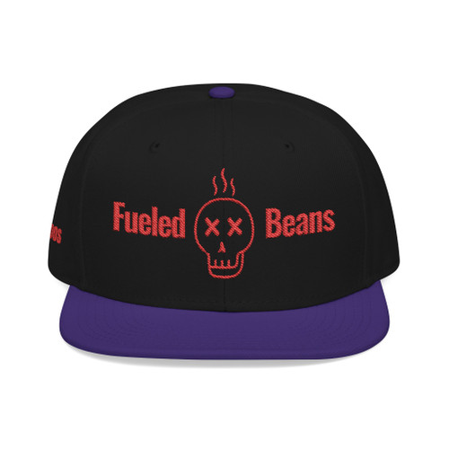 Purple/Black/Black snapback featuring Fueled by Beans red skull design – edgy coffee culture snapback by Coo Coo’s Coffee.