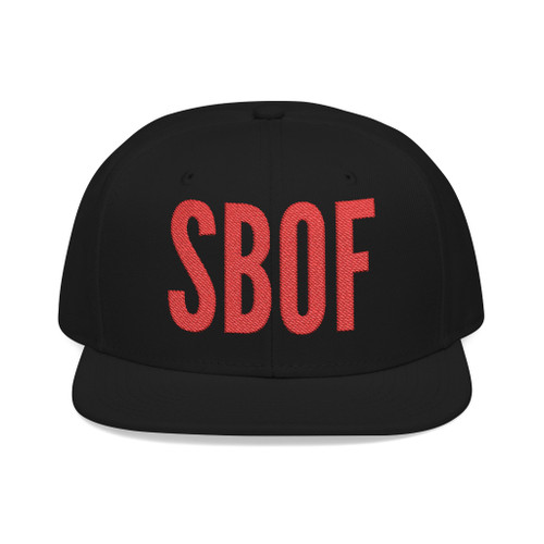 black snapback hat with red SBOF embroidery – bold coffee streetwear hat by Coo Coo’s Coffee