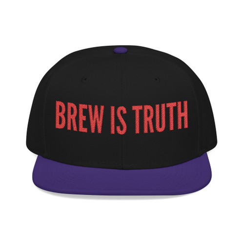 Black/Purple/Black Snapback Hat – Brew Is Truth embroidery in bold red on a black crown with deep purple visor, streetwear snapback by Coo Coo’s Coffee.