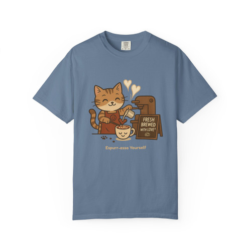Expurr-esso Yourself Tee in Blue Jean – Vintage-wash blue jean tee with coffee cat illustration, espresso mug, and “Expurr-esso Yourself” text. Soft comfort fit style from Coo Coo’s Coffee.