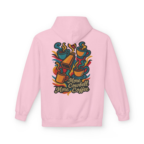 “More Cowbell, More Coffee – Brew Beat Hoodie in Light Pink, playful fleece hoodie with vibrant coffee-and-cowbell print by Coo Coo’s Coffee.”