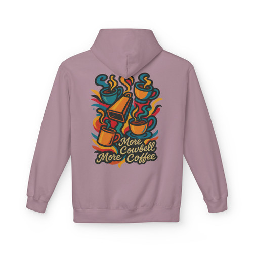 : “More Cowbell, More Coffee – Brew Beat Hoodie in Paragon, standout unisex hoodie with colorful coffee cups and cowbell design by Coo Coo’s Coffee.”
