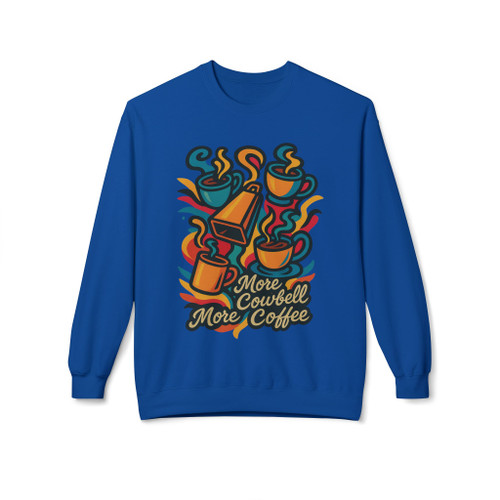 Royal blue sweatshirt with a striking More Cowbell, More Coffee print. Bright coffee cups and steam create a retro-tour-poster energy that matches the loud and proud coffee vibe of Coo Coo’s Coffee.