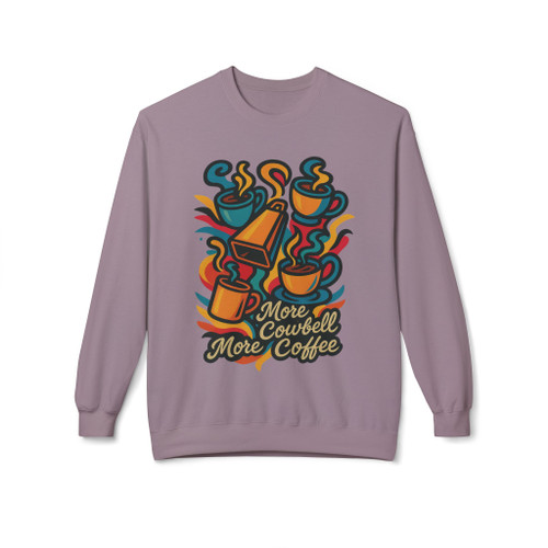 Royal blue sweatshirt with a striking More Cowbell, More Coffee print. Bright coffee cups and steam create a retro-tour-poster energy that matches the loud and proud coffee vibe of Coo Coo’s Coffee.
