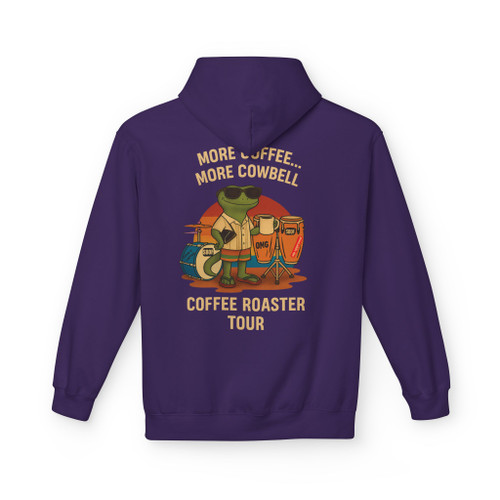 Purple hoodie with the Bert drummer artwork and More Coffee… More Cowbell – Coffee Roaster Tour text. Fun and bold design for coffee lovers with a music edge.