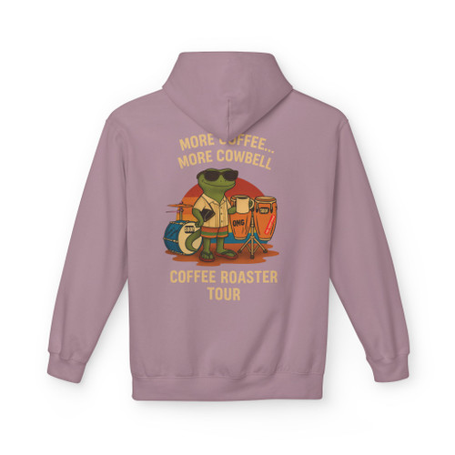 Paragon (muted violet) hoodie highlighting Bert’s Coffee Roaster Tour drumming graphic. Statement back print with More Coffee… More Cowbell headline.