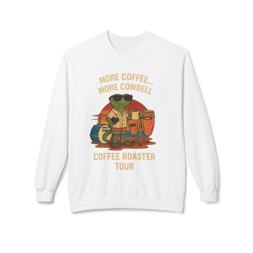 More Coffee… More Cowbell – Coffee Roaster Tour Sweatshirt in white by Coo Coo’s Coffee, featuring Bert the gecko rocking drums with a retro band tour vibe.