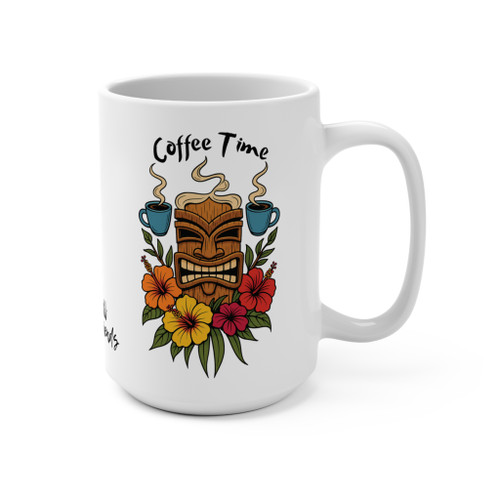 Tiki Time Blooms 15oz coffee mug with tiki mask, flowers, and blue coffee cups on a white ceramic mug by Coo Coo’s Coffee.