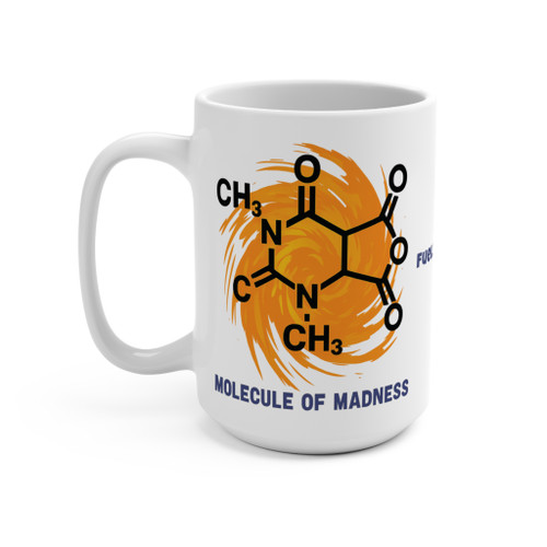 Back view of the Molecule of Madness mug showing Fuel Your Brain text and Coo Coo’s Coffee logo