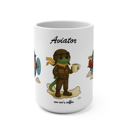 Bert the Aviator 15oz coffee mug with cartoon gecko pilot standing on clouds, holding coffee