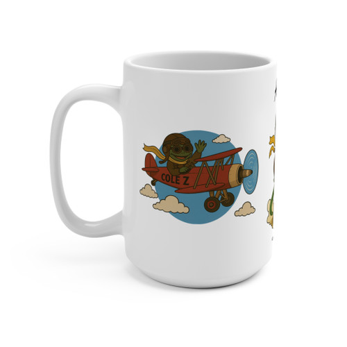 Wraparound design of Bert the Aviator and vintage biplane on white ceramic 15oz mug