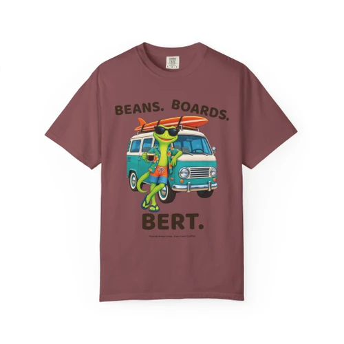Beans. Boards. Bert. coffee t-shirt — surf gecko Bert with a retro aqua camper van and longboard printed on the front, brick