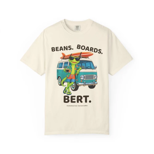 Beans. Boards. Bert. coffee t-shirt — surf gecko Bert with a retro aqua camper van and longboard printed on the front, ivory