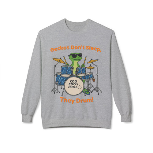 Sport Grey crewneck showing gecko on a drum kit with Coo Coo’s Coffee bass drum—fun music graphic.
