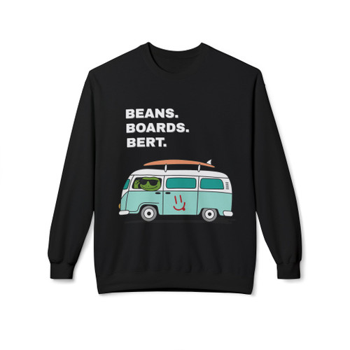 Black crewneck sweatshirt with Bert the gecko driving a turquoise surf van and “Beans. Boards. Bert.” slogan, by Coo Coo’s Coffee.