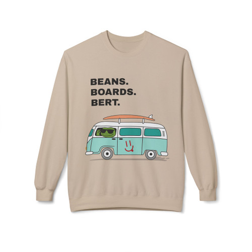 Sand crewneck sweatshirt with surf van graphic and “Beans. Boards. Bert.” slogan – beachy coffee lifestyle apparel by Coo Coo’s Coffee.