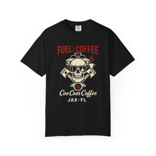 “Pit Crew Brew JAX Engine Skull Tee by Coo Coo’s Coffee in pepper grey — bold skull-and-pistons graphic with red coffee details, perfect for gearheads and caffeine lovers.”