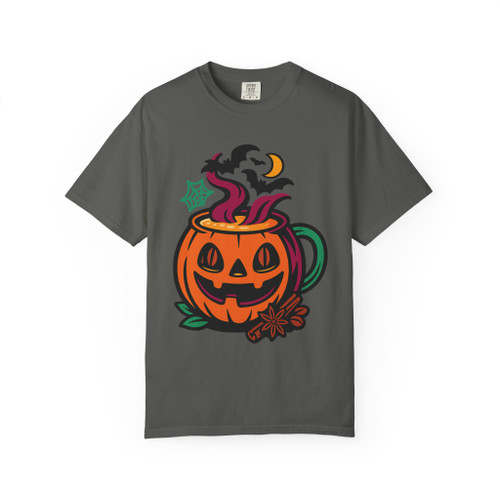 “Pepper grey tee featuring jack-o’-lantern coffee mug graphic with purple steam and flying bats, Pumpkin Mug Tee by Coo Coo’s Coffee.”
