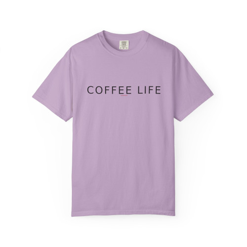 "Coffee Life – Daily Drip Tee in Orchid purple by Coo Coo’s Coffee. Minimalist text coffee shirt in bold color, garment-dyed cotton unisex style."