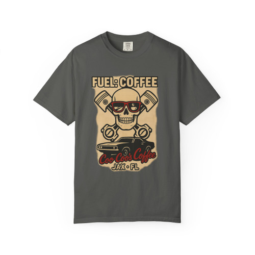 "Pepper gray tee with skull and pistons design, reading 'Fuel: Coffee – Coo Coo’s Coffee Jax FL' in red and beige, Octane Brew Tee by Coo Coo’s Coffee."