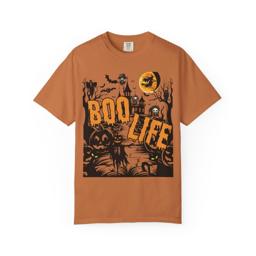 Yam orange tee featuring haunted house, jack-o’-lanterns, bats, and dripping orange text ‘Boo Life,’ Boo Life Tee by Coo Coo’s Coffee.”