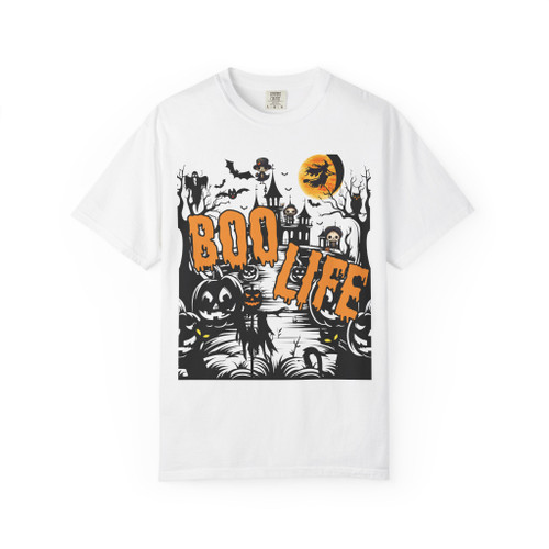 “White tee featuring haunted house, pumpkins, bats, and bold dripping text ‘Boo Life,’ Boo Life Tee by Coo Coo’s Coffee.”