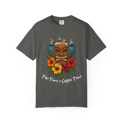 “Pepper gray Tiki Time Coffee Time Tee – coffee lovers tropical tiki design”