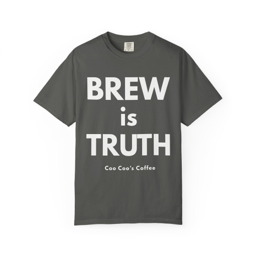 “Brew Is Truth tee in Pepper grey – bold minimalist coffee shirt by Coo Coo’s Coffee